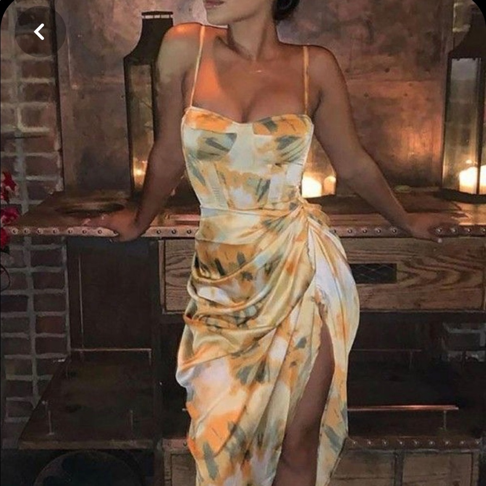Ivrose Yellow, White and Green Printed Dress Size: S